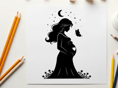 Pregnant woman silhouette with butterfly and moon
