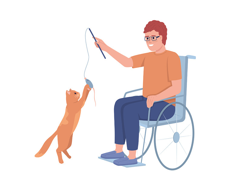 Disabled man playing with his cat semi flat color vector characters