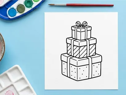 Stack of Christmas gift boxes line art illustration for holiday coloring page design