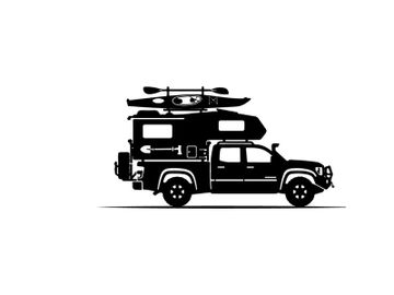 Silhouette of a truck with kayak and tent on top for outdoor adventure preview picture