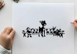 Reindeer silhouette standing in front of a group with santa