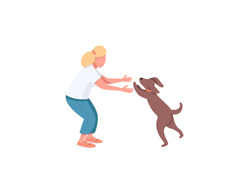 Woman play with dog flat color vector faceless characters