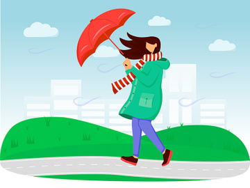 Woman in raincoat flat color vector illustration preview picture