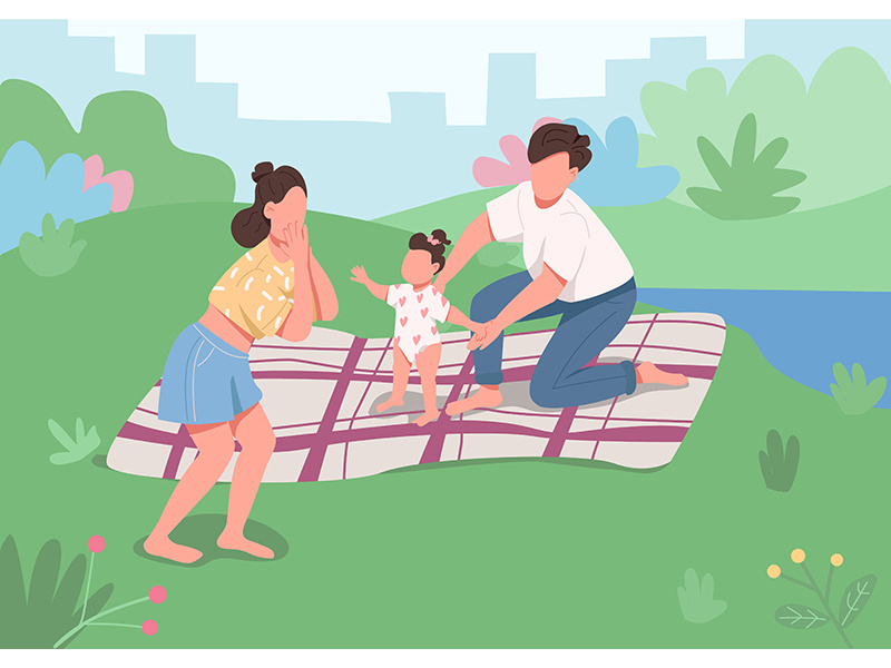 Young family picnic flat color vector illustration