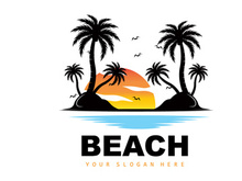 Coconut Tree Logo With Beach Atmosphere, Beach Plant Vector, Sunset View Design