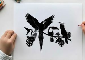Tropical bird silhouette with exotic leaves and colorful avian friends silhouette