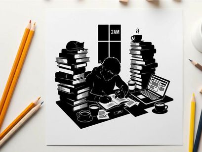Silhouette of a person surrounded by books and technology in a cluttered workspace silhouette