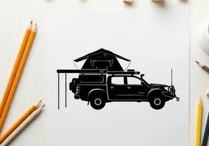 Silhouette of a truck with a rooftop tent on a white background