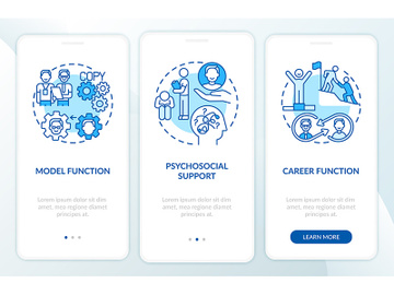 Functions of mentor onboarding mobile app page screen with concepts preview picture