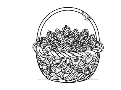 Woven basket filled with pine cones line art illustration