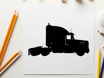 Silhouette of a semi truck against a white background