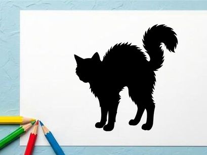 Silhouette of a Curious Cat with Fluffy Tail in Black