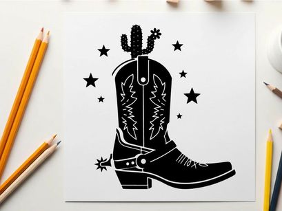 Western cowboy boot silhouette with cactus and stars