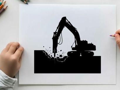 Silhouette of excavator digging into the ground with debris flying out