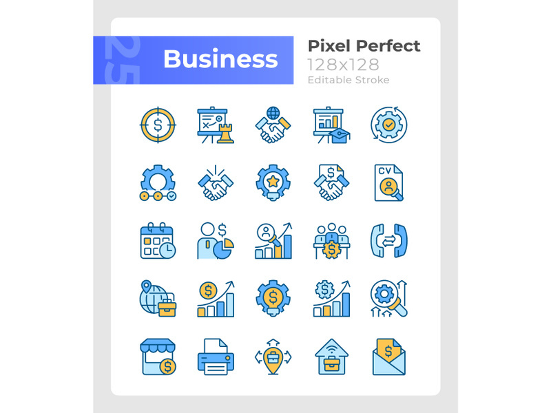 Business management pixel perfect RGB color icons set
