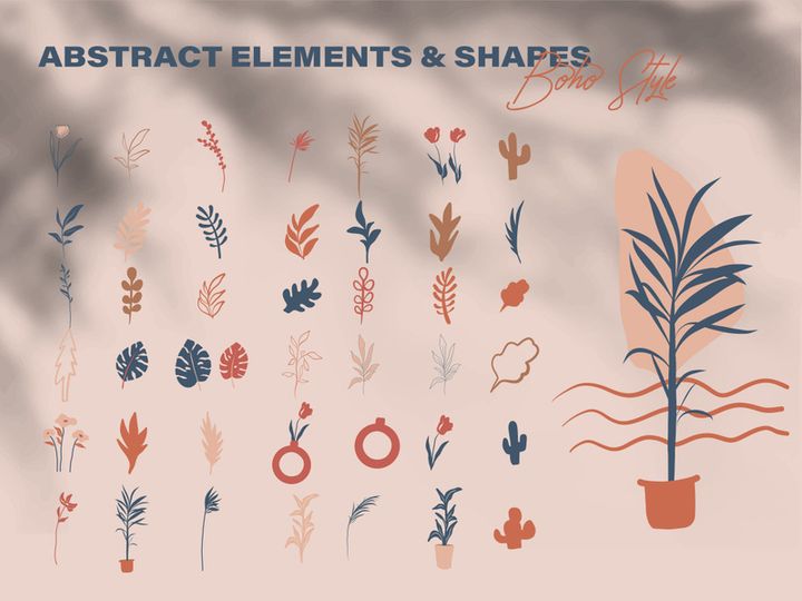 Minimalist abstract nature art shapes boho style. doodle natural concept. Modern hand drawn plant leaf and tropical shape decoration set.