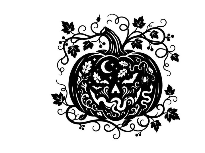 Halloween pumpkin with spooky face and decorative vines for fall decor