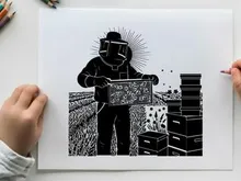 Beekeeper in silhouette inspecting hive boxes in a field