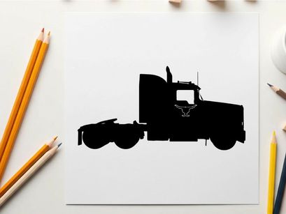 Silhouette of a semi truck against a white background