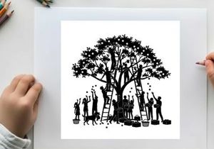 Silhouette of people picking fruit from a tree with ladders and dog