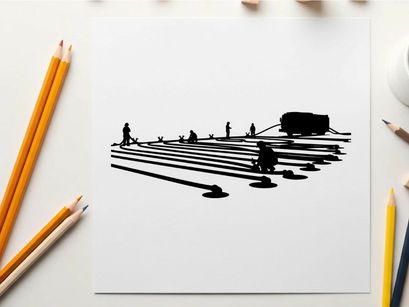 Silhouette of people working on a large industrial or construction site at night