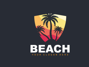 Coconut Tree Logo With Beach Atmosphere, Beach Plant Vector, Sunset View Design preview picture