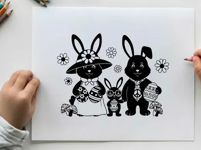 Easter bunny silhouette with flowers and eggs