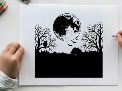 Silhouette of a spooky halloween night with full moon and bats flying