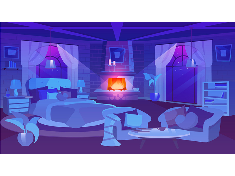 Luxury bedroom interior night view flat vector illustration