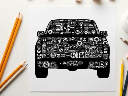 Silhouette of a car covered in numerous small stickers and decals silhouette