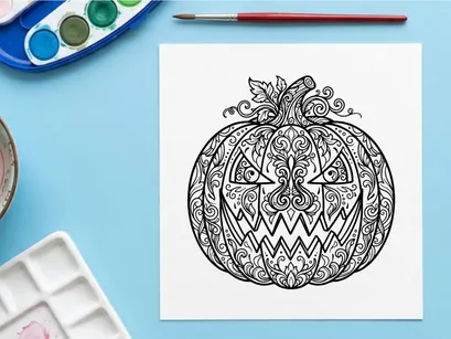 Ilustración de calabaza de Halloween dibujada a mano con patrones intrincados. Boceto de jack-o'-lantern espeluznante con motivos tribales y florales para diseños festivos...