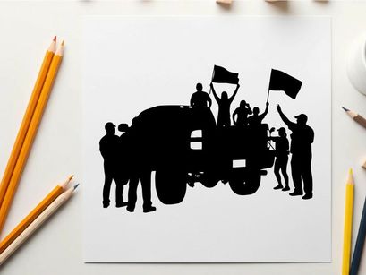 Silhouette of people on a truck waving flags in celebration
