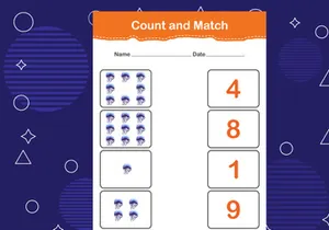 10 Pages Count and match with the correct number. Matching education game. Count how many items and choose the correct number