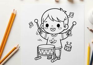 Cute child playing bongo drums music vector illustration