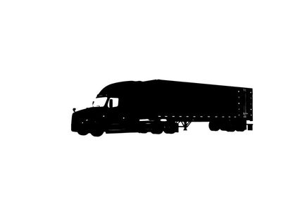 Black silhouette of a large semi truck on white background