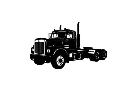 Silhouette of a large black semi truck on a white background