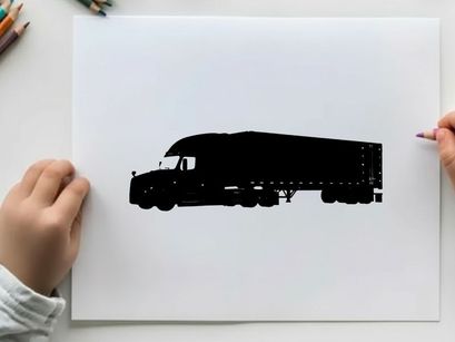 Black silhouette of a large semi truck on white background