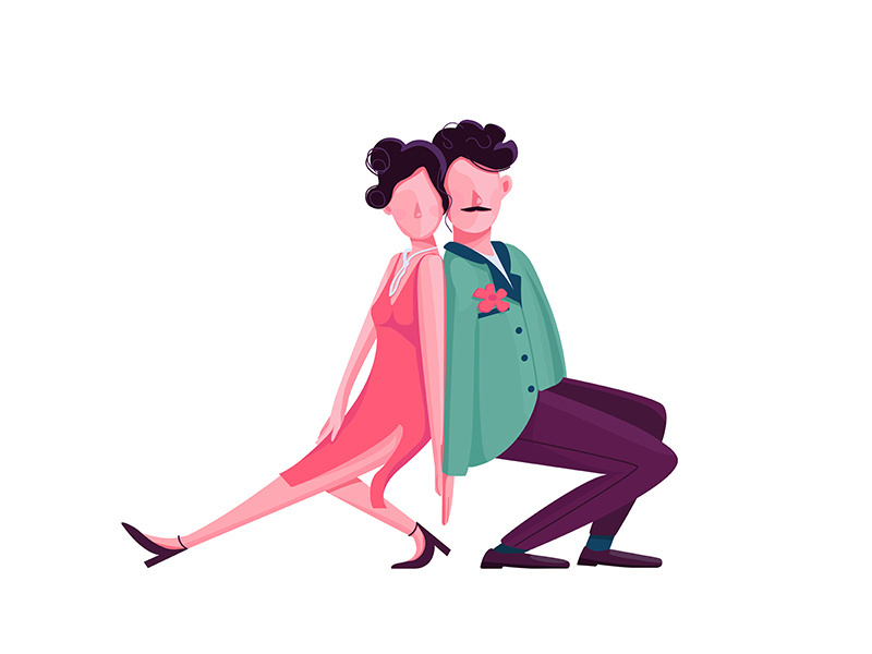 Man and woman dancing tango flat color vector faceless character