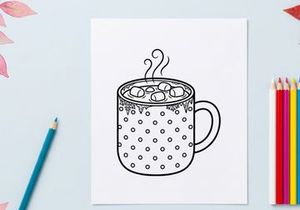 Line Art Illustration of a Hot Cocoa Mug with Marshmallows