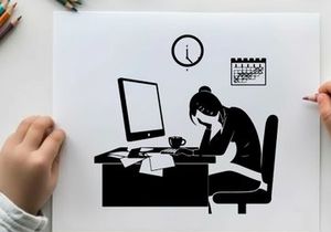 Silhouette of a woman working late at her desk