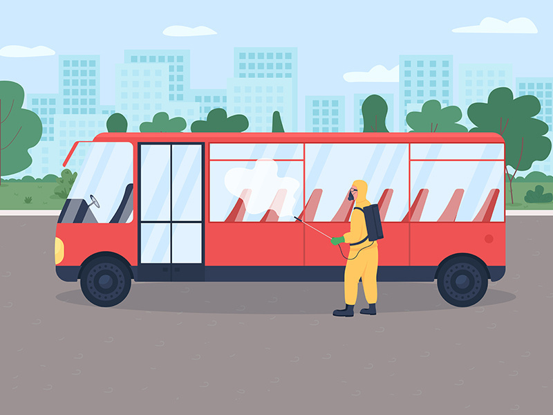 Public transport disinfection flat color vector illustration