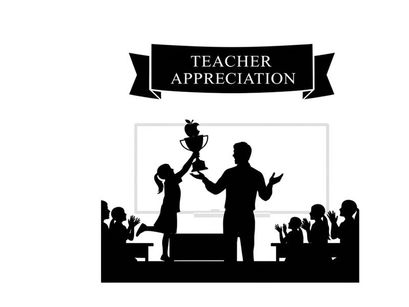 Teacher appreciation silhouette graphic with students and trophy