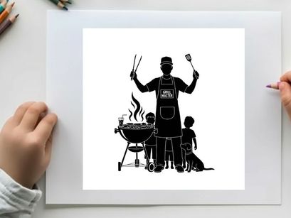 Silhouette of a man grilling with kids on a sunny day silhouette