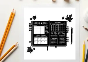 Silhouette of a bullet journal with grids and leaves