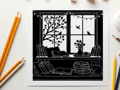 Cozy room interior with silhouette of tree and birds outside window