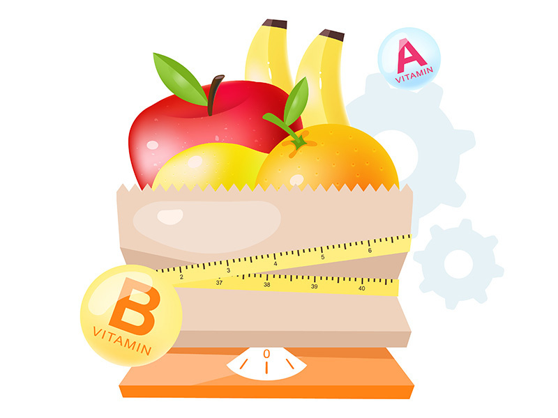 Fresh fruits in dietary nutrition flat vector illustration