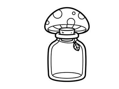 Mushroom glass jar illustration. Cute toadstool bottle drawing for coloring page.
