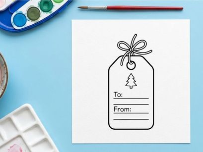Tag de presente em preto e branco com ícone de árvore de Natal