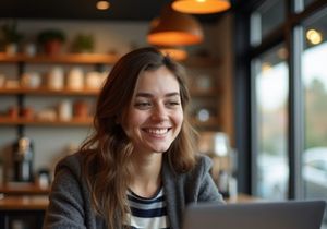 A smiling woman is working on a laptop