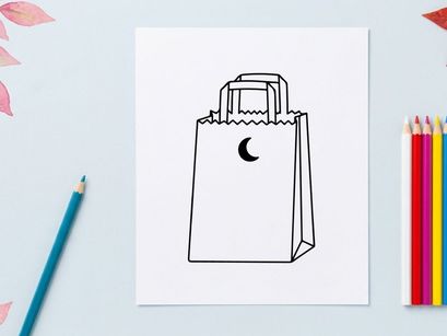 Bolsa de compras minimalista con diseño de luna creciente. Tote de papel simple para branding ecológico y promociones minoristas nocturnas.